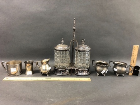 Collection of Antique Plated Christening Cup, Jugs inc. Mt.Cootha Souvenir & Pickle Jars