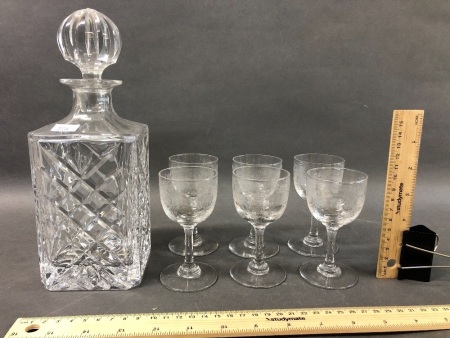 Crystal Decanter and 6 Vintage Etched Liquour Glasses