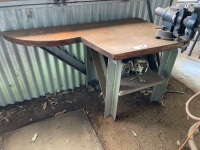 Steel frame work bench with slab timber top