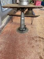 Adjusting steel base of ex-govt drawing table with timber top. 