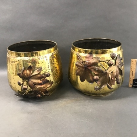 Pair of Large Vintage Brass Planters with Alloy Foliage Decoration