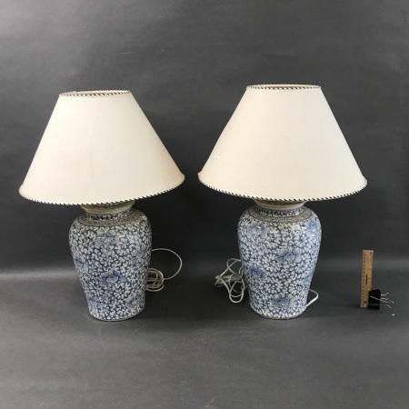 Pair of Blue and White Ginger Jar Style Lamps with Shades