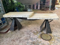 Hand- forged steel bench with stepped sandstone top 