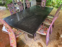 Stone top dining table on steel pillars and 6 funky chairs - 2