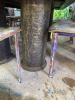 Stone top dining table on steel pillars and 6 funky chairs - 3