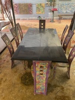 Stone top dining table on steel pillars and 6 funky chairs - 4