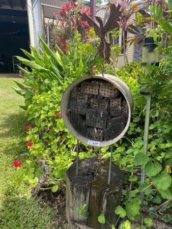 Native bee motel, garden art 1.66 m tall on timber base