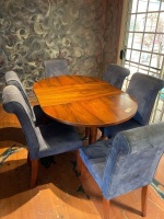 Art deco style extension table and 6 blue suede dining chairs