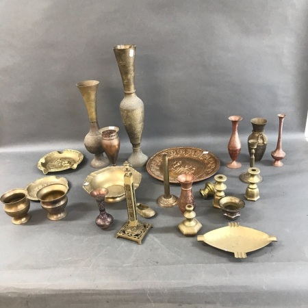 Box Lot of Vintage Brass Vases, Ashtrays, C/Sticks Etc.