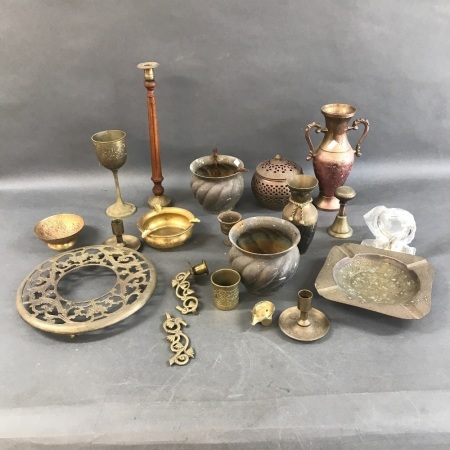 Box Lot of Vintage Brass Vases, Ashtrays, C/Sticks Etc.