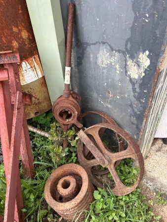 Rusty lot of large die spanner and pulleys