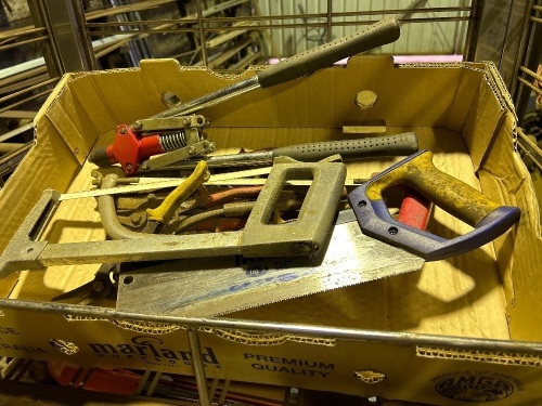 Box of snips, hacksaws pop rivet gun etc