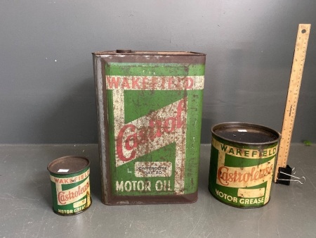 Wakefield Castrol early 4 Gallon Oil Tin with 1 & 5 LB Grease Tins