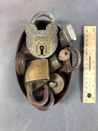 Collection of 6 Vintage Padlocks, Some with Keys, Lighter, Weights Etc