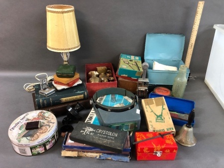 Large Box Of Interesting Bric-a-Brac inc. Tins, Razors Etc.