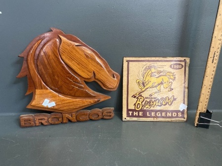 Wooden Broncos Carving with 1988 Broncos Metal Sign