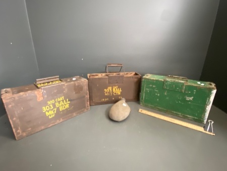 3x military 303 ammunition crates (1 without lid) + canvas jacketed metal military flask