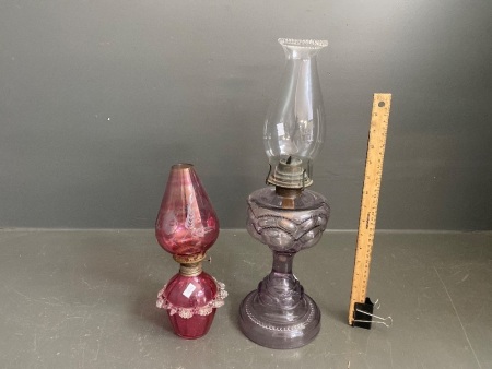 2 Ornate Kerosene Lanterns, Pink etched and Purple Art Deco