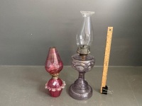 2 Ornate Kerosene Lanterns, Pink etched and Purple Art Deco