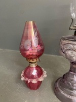 2 Ornate Kerosene Lanterns, Pink etched and Purple Art Deco - 2