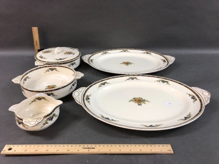 5 Pieces of Vintage English Table China inc. 2 Large Platters, 2 Tureens (-1 Lid)Â  and Gravy Boat