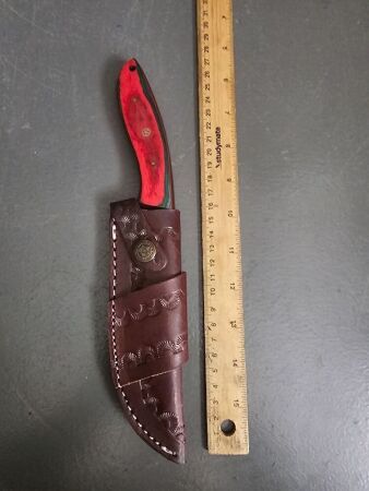 Damascus fixed blade knife with leather sheath, 120mm edge 230mm long