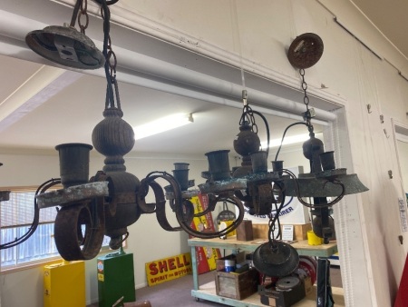 Rustic hanging lamp and 2x chandeliers - wood, bakelite, steel, and brass