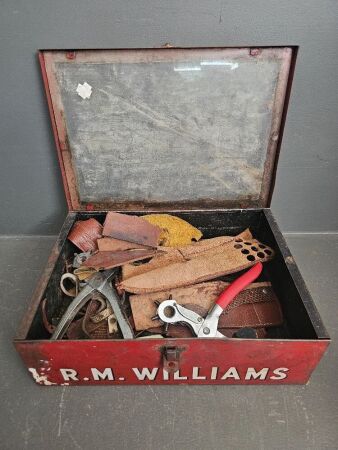 R.M. Williams (tin/perspex) leather repair case with contents