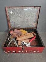 R.M. Williams (tin/perspex) leather repair case with contents