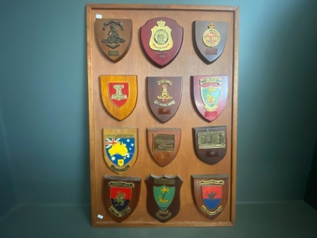 12 Military plaques mounted on hanging board