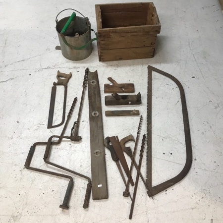 Old Timber Crate + Tools inc. Saws and Planes + Bucket