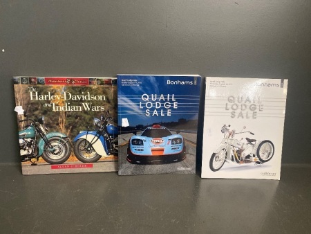 The Harley-Davidson and Indian Wars book and two Bonham Quail Lodge  Motoring Auction Catalogues -