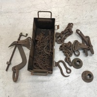 Box Lot of Old Chain, Hooks etc