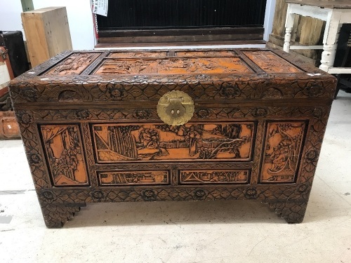 Large Carved Camphorwood Box with Brass Fittings & Tray Inside