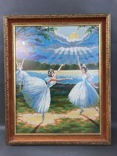 Large Nicely Framed Swan Lake Ballerina Embroidery