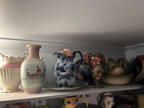 Shelf lot of vases and jugs