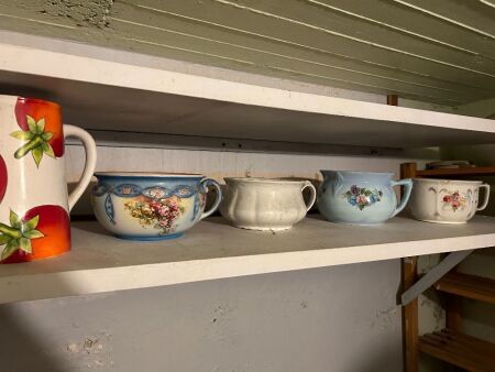 Shelf lot of vintage chamber pots and jug