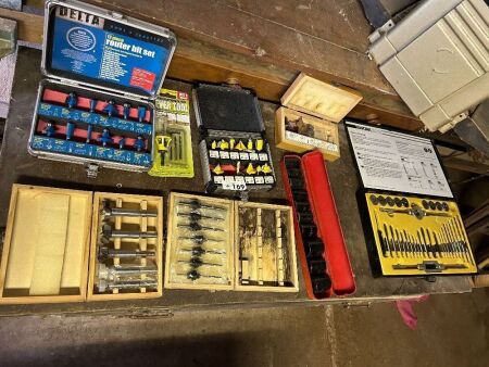 Assorted router bits + sockets and tap/die set