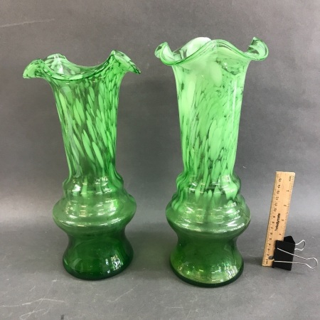 Pair of Antique Victorian, Hand Blown, Green Smoke Glass Vases. Heavy Bases with Snapped Pontils