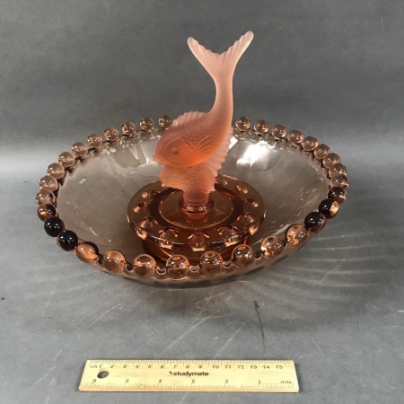 Art Deco Pink Glass Float Bowl with Acid Etched Fish Centrepiece