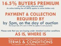 TERMS AND CONDITIONS: 16.5% Buyers Premium applies to all lots (An online bidding fee of 1.65% applies to online bidders) | PAYMENT & COLLECTION REQUIRED by 5pm, Sunday, March 10, 2024 (auction day) - We accept cash, EFT, card (1.95% fee applies to card p