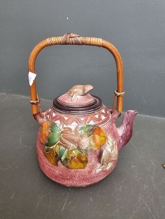 Vinatge Asian Inspired Frog & Flower Pottery Teapot