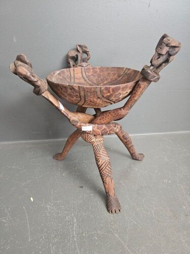 African Tribal Bowl on Elephant Carved Top with Interlocking Legs