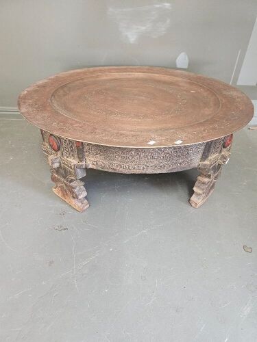 Antique Tribal Timber Low Grinding Table Base with Copper Charger Tray Top app 800 x 300