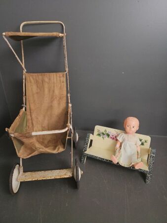 Vintage Dolls Pram with Doll and Dolls Bench Seat