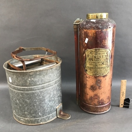 Vintage Copper Simplex Fire Extinguisher + Mop Bucket