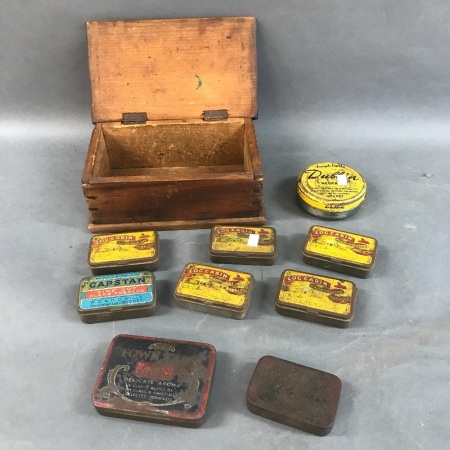 Collection of Old Cigarette Tins in Wooden Box