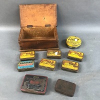 Collection of Old Cigarette Tins in Wooden Box