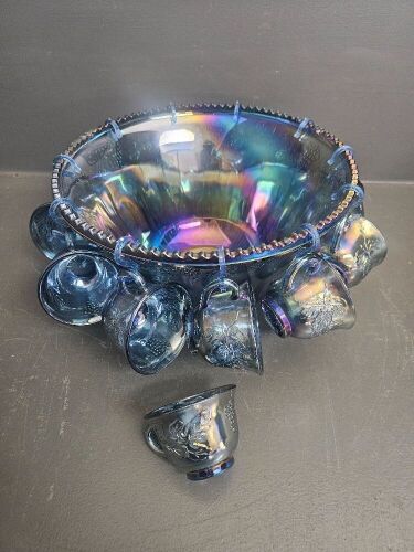 Blue Carnival Glass Punch Bowl & Glasses Set