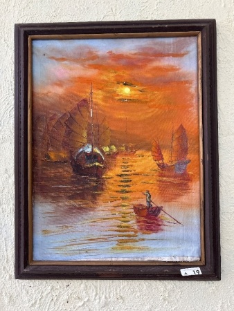 Asian fisherman scene oil on canvas painting